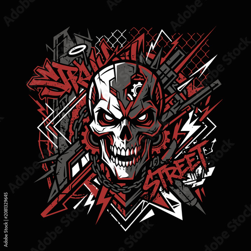 Aggressive skull illustration with urban graphic elements and chains