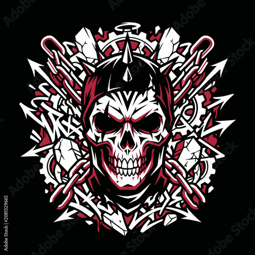 Stylized skull design featuring chains, arrows and mechanical elements