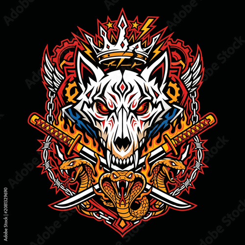 Aggressive wolf head with crown, swords and snakes illustration