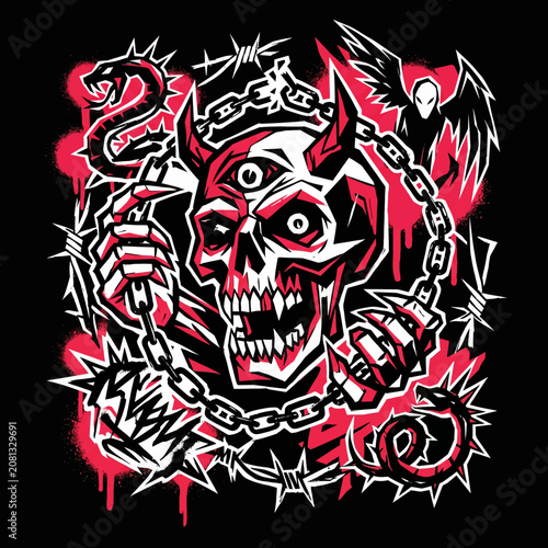 Intense horned skull with chains and barbed wire artwork