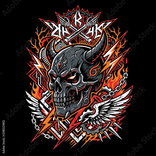 Aggressive horned skull design with fire, lightning and wings