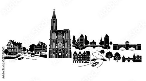 Bild auf Leinwand Strasbourg Skyline Silhouette, Famous Landmarks, River, Bridges, Black and White