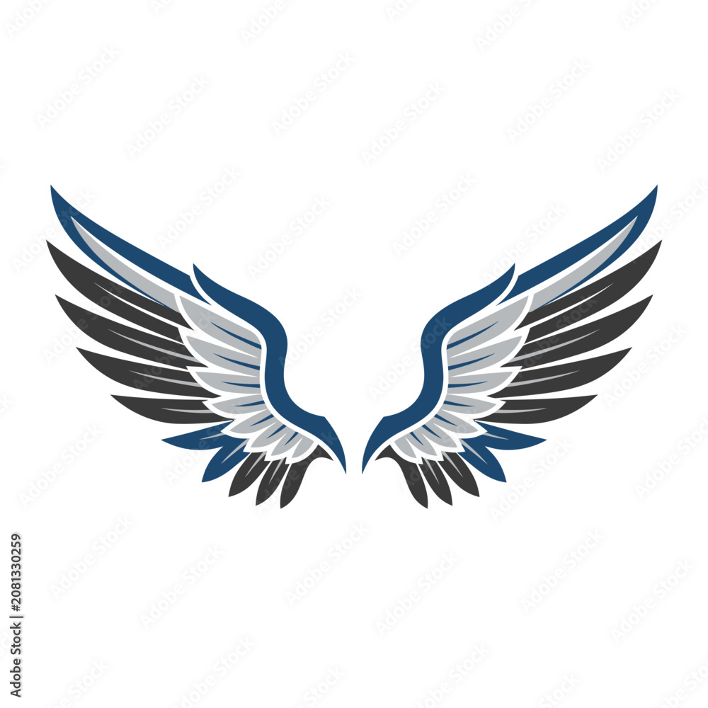 Fototapeta premium Stylized blue and grey wings isolated on a white background