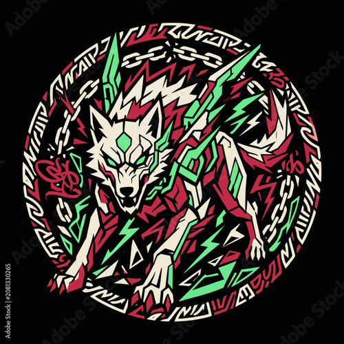 Dynamic graphic illustration of a powerful wolf in a circular frame