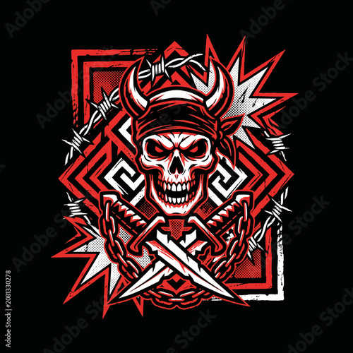 Aggressive skull illustration with horns and crossed daggers