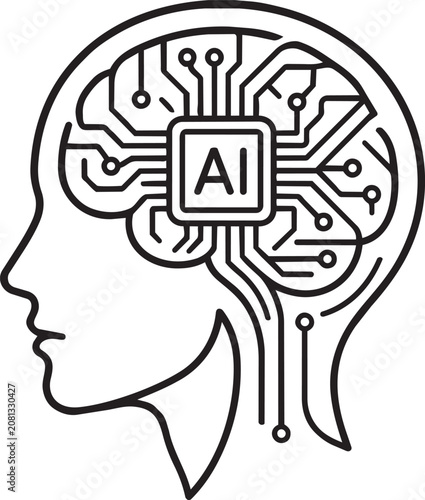 Human head with ai brain circuit illustration