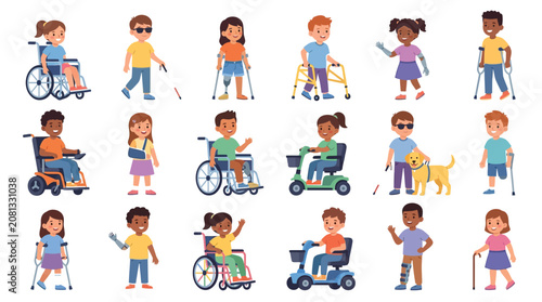 Diverse group of happy children with various physical disabilities shown in colorful flat vector illustration style for inclusive education projects