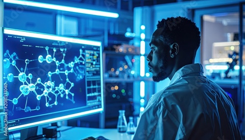 Scientist analyzing complex molecular models on a computer screen in a laboratory