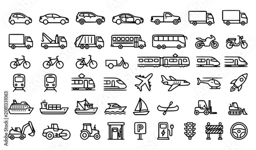 Linear Vehicle and Transportation Icon Collection Editable Stroke Vector Illustration