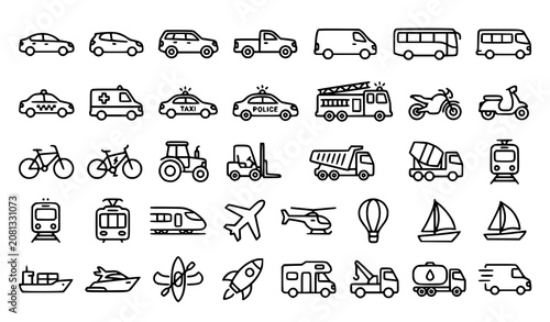 Vehicles Editable Thin Line Icon Set Transportation and Auto Vector Collection