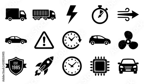 Solid Black Transportation Technology and Utility Vector Icon Set with Truck Rocket Timer and Memory Symbols