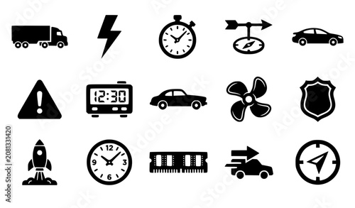 Modern Solid Black Glyph Icon Collection Featuring Truck Vehicle Rocket Clock and Technology Symbols