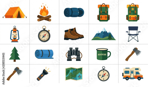Editable Camping Flat Vector Icon Pack Featuring Tent Campfire Hiking Gear and Outdoor Symbols
