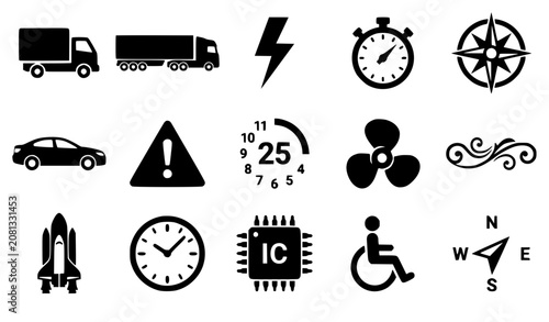 Editable Solid Black Universal Vector Icon Pack with Logistics Vehicle Rocket Clock and Technology Icons