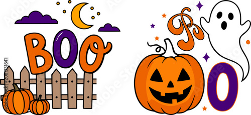 Photos Halloween boo typography featuring crescent moon pumpkins and wooden fence vecto