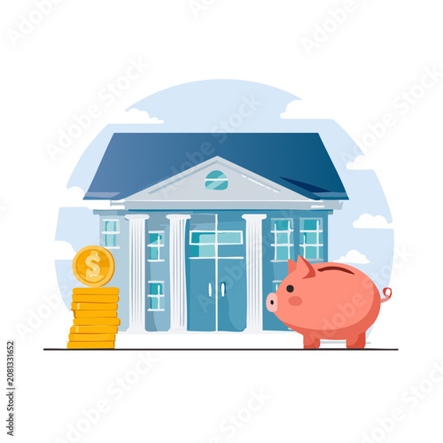 Flat illustration of bank building with piggy bank and coins