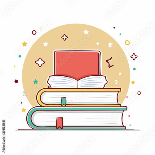 Stack of Books with Open Book and Stars