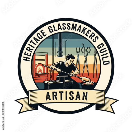 Canvas Print Vintage glassmakers guild artisan logo showing a glassblower working