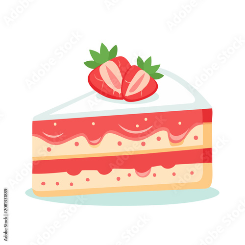 Strawberry Cake Slice Flat Vector Illustration