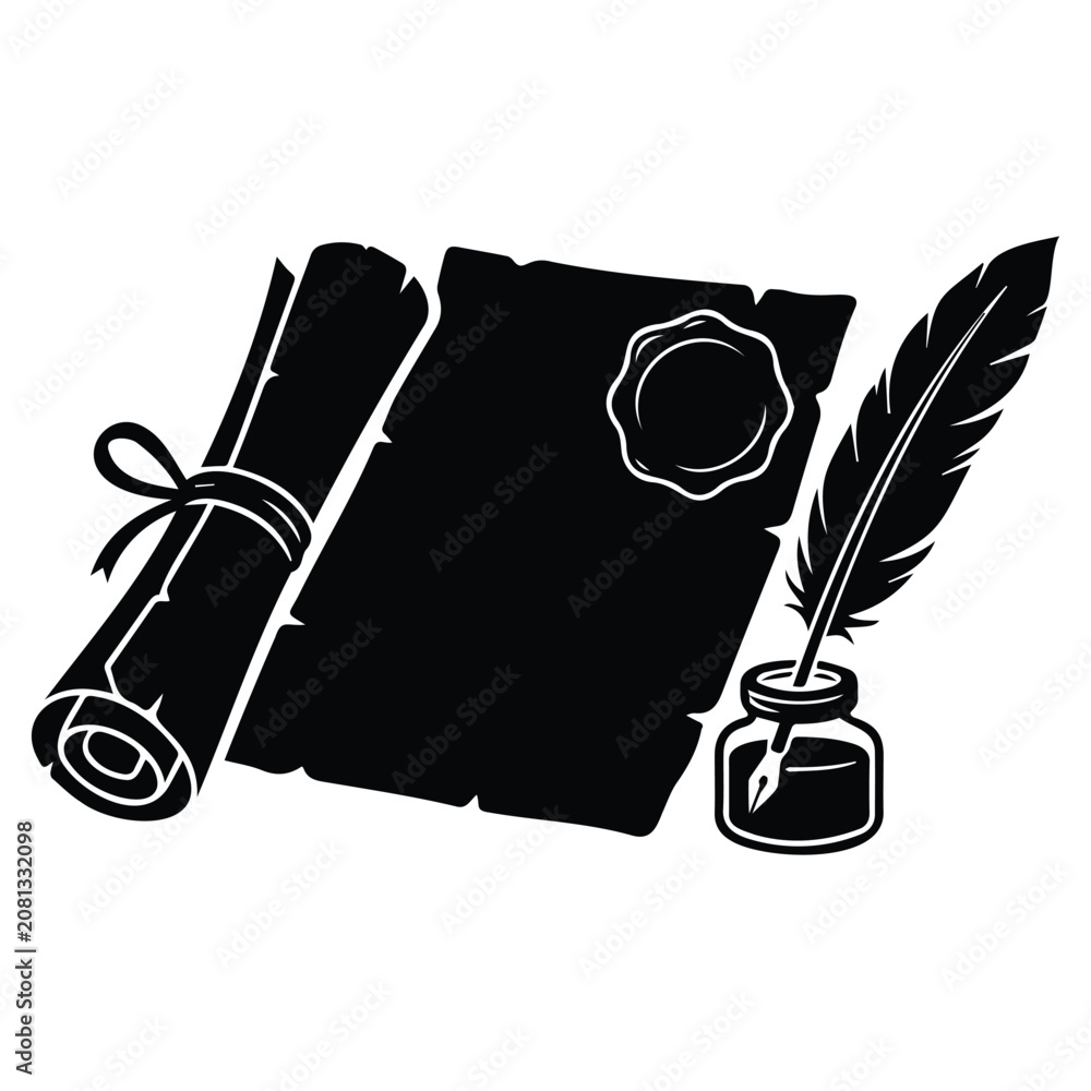 Ταπετσαρία Ancient scroll with quill and inkwell symbolizing history and documents vector illustration