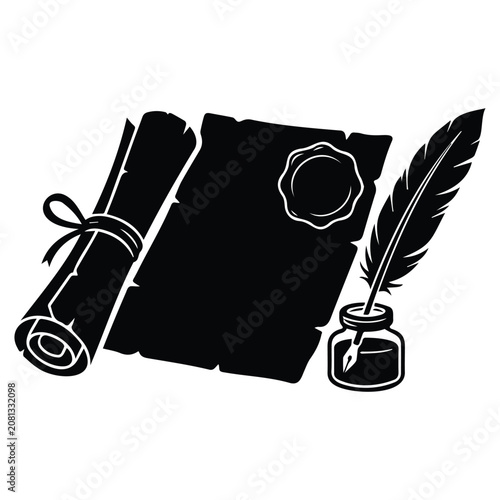 Photos Ancient scroll with quill and inkwell symbolizing history and documents vector illustration
