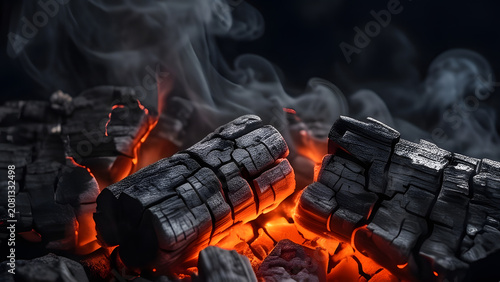 Close up macro photography of glowing hot burning charcoal with smoke and red embers