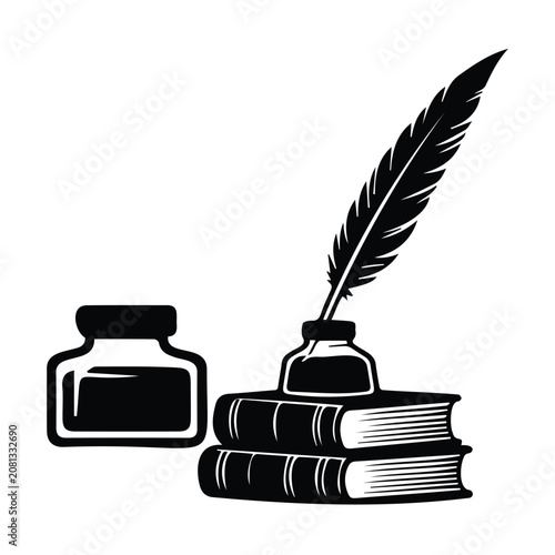 Canvastavla Vintage writing set with quill pen in inkwell and stack of old books in classic retro style