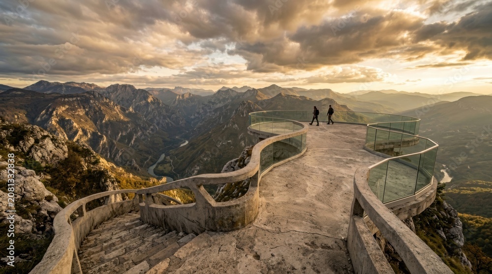 Fototapeta premium A sculptural concrete viewpoint terrace with curved railings, weathered stone steps, and a glass balustrade overlooks a vast mountain valley under dramatic clouds, shot at golden hour with leading