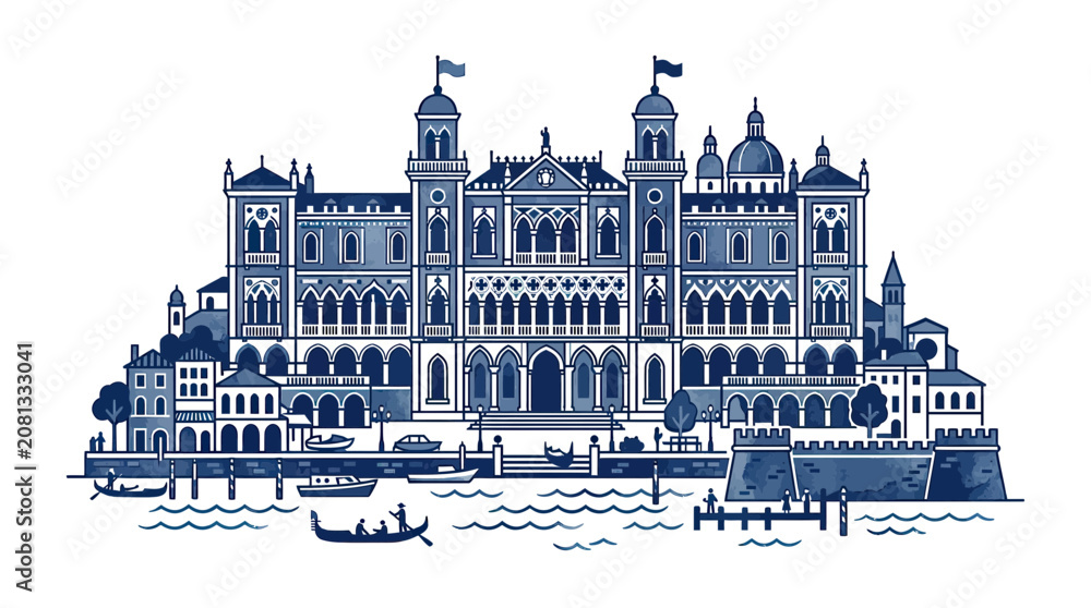 Obraz premium Venetian Palace Illustration, Blue and White Architecture, Canal Scene with Gondolas