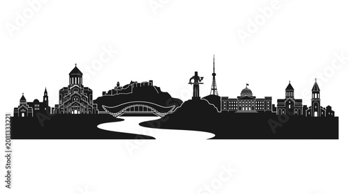 Tbilisi Skyline Silhouette Black and White Vector - Georgia Capital City Landmark
