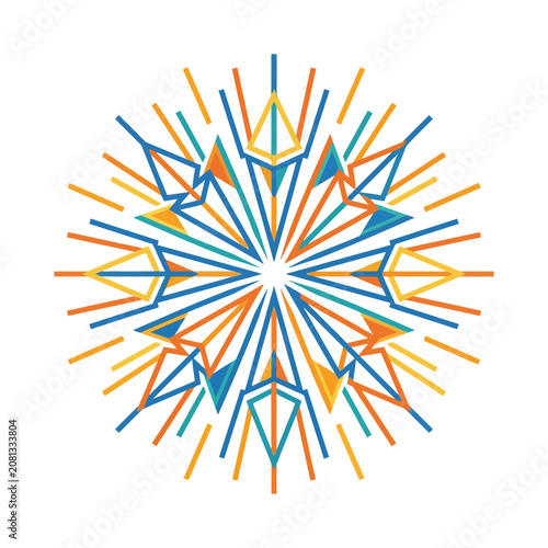 A vibrant geometric star pattern featuring colorful lines and shapes