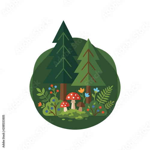 A flat vector illustration of a lush forest scene with pine trees and mushrooms