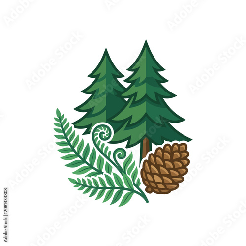 A stylized illustration featuring evergreen trees with a fern leaf and a pine cone
