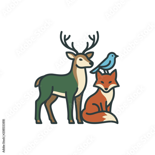 A stylized illustration featuring a deer, a fox and a small bird together