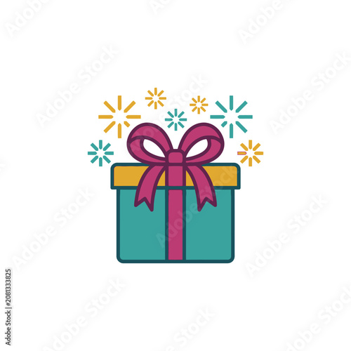 A colorful gift box illustration with festive sparkles on a white background