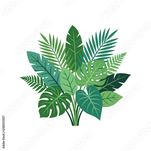 A vibrant illustration of various tropical green leaves arranged in a dense botanical cluster
