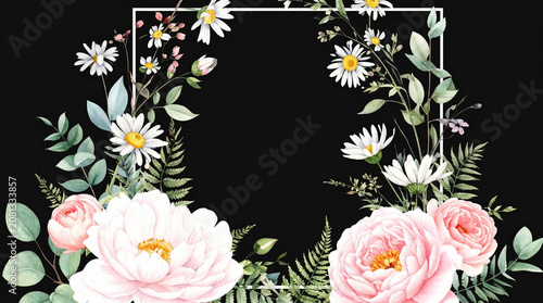 Watercolor Floral Frame Leaves and Flower Petals, Transparent Botanical Border for Wedding Invitation, Scrapbook and PPT Design