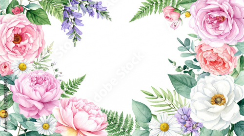 Watercolor Floral Frame Leaves and Flower Petals, Transparent Botanical Border for Wedding Invitation, Scrapbook and PPT Design