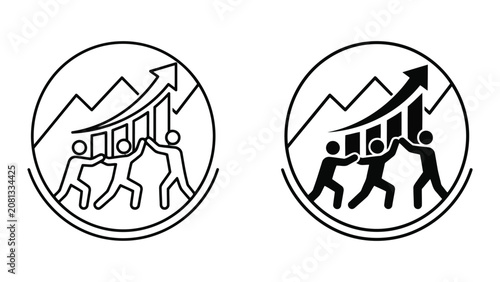 Team pushing upwards growing bar chart financial success icon with business