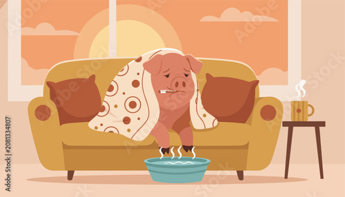 Sick cartoon pig wrapped in a warm blanket sitting on a sofa with a thermometer in its mouth and a hot water foot bath.