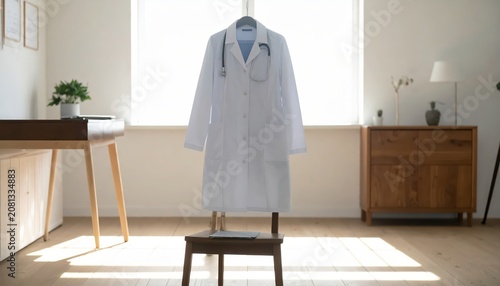 White lab coat draped over a wooden chair with stethoscope and clipboard