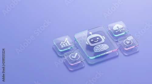 Artificial intelligence toolkit interface featuring glassmorphism icons for cloud computing and automated business solutions