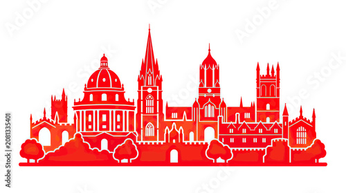 Oxford Skyline Silhouette: Historic University Buildings in Red Gradient