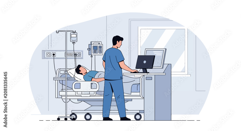 Obraz premium Nurse Attends Patient in Hospital Room with Medical Equipment and Monitor