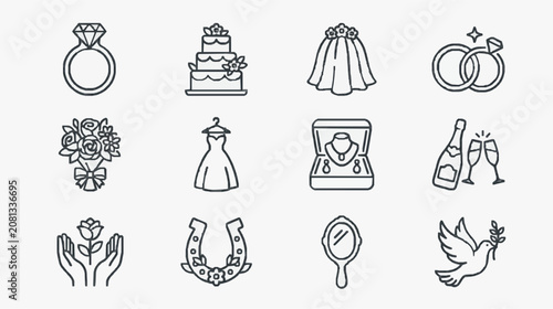фотографія Dynamic Black and White Line Art Icons Set Featuring Wedding and Romance Symbols
