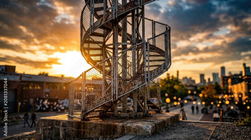Obraz premium A tall architectural tower rises from a concrete base, built from galvanized fence panels and chain-link mesh that spiral upward into an open lattice, with rust patina, sharp shadows, and industrial
