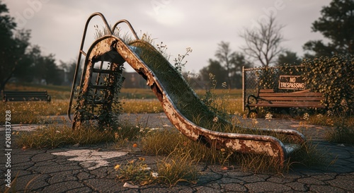 Abandoned Playground Slide Overgrown with Nature and Decay