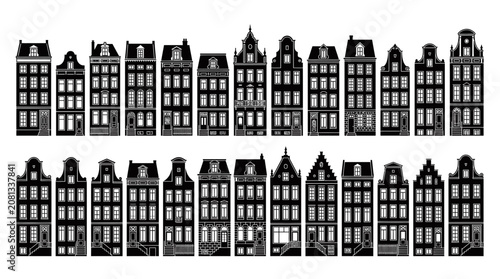 Row of Traditional Dutch Houses Silhouette, Amsterdam Architecture Vector