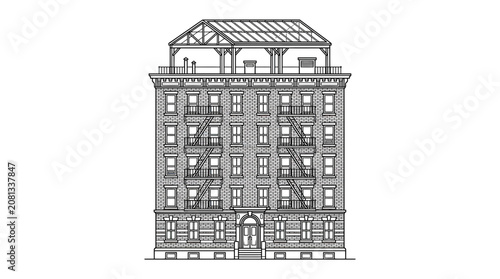 Vintage Apartment Building Facade with Fire Escapes and Rooftop Structure