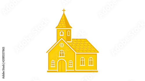 Yellow Church Building Icon with Cross and Bell Tower, Simple Illustration